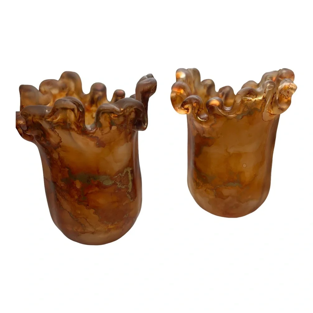 MCM Italian Swung Glass Candle Holders Amber with Metallic Swirls